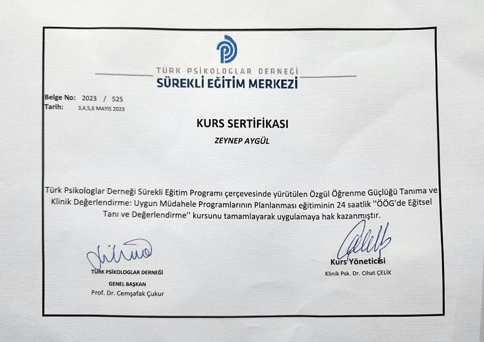 Eskişehir Özel Bir İnci Özel Eğitim ve Rehabilitasyon Merkezi Sertifikalar